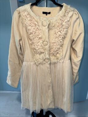 Ryu Cream Girls Long Sleeve Tulle Coat with Floral Trim